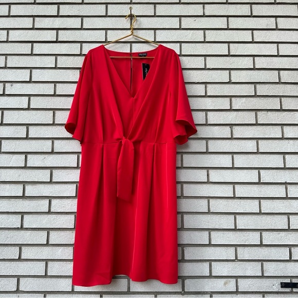 City Chic Knot Front Dress Lust Red 20 Tie Waist Batwing Sleeve V-Neck Cocktail - Picture 3 of 13